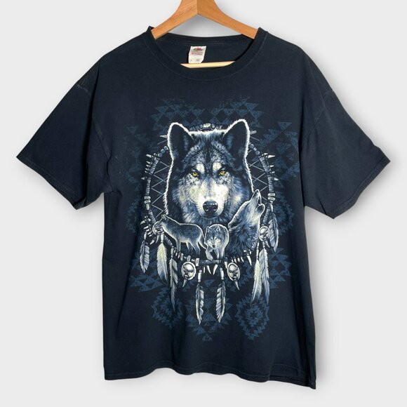 Vtg Wolf T-Shirt LARGE Native American Indian Dream Catcher Fruit of Loom Tag - Picture 1 of 6